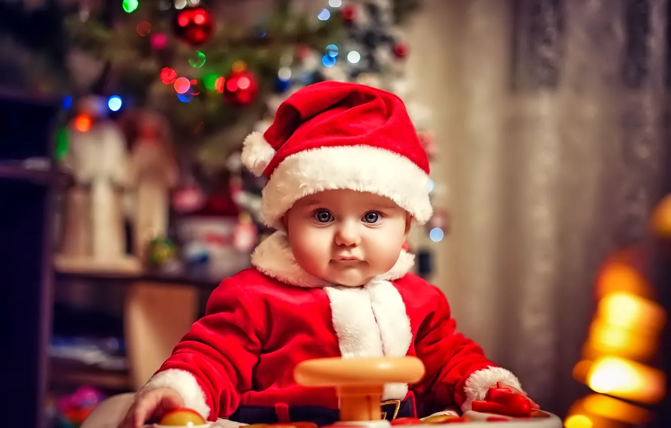 Photo wallpaper look, lights, holiday, tree, new year, child, baby, Christmas