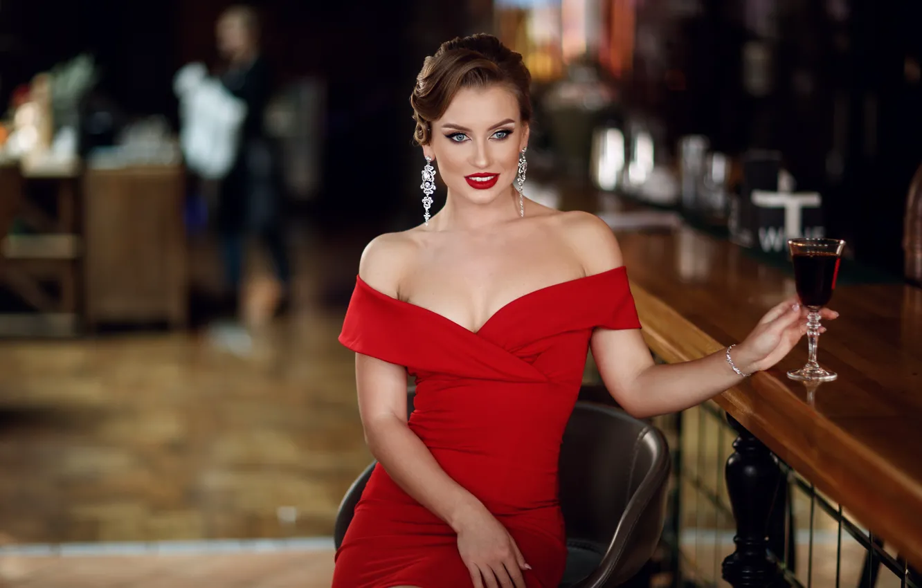 Photo wallpaper girl, pose, style, model, glass, neckline, red dress, shoulders