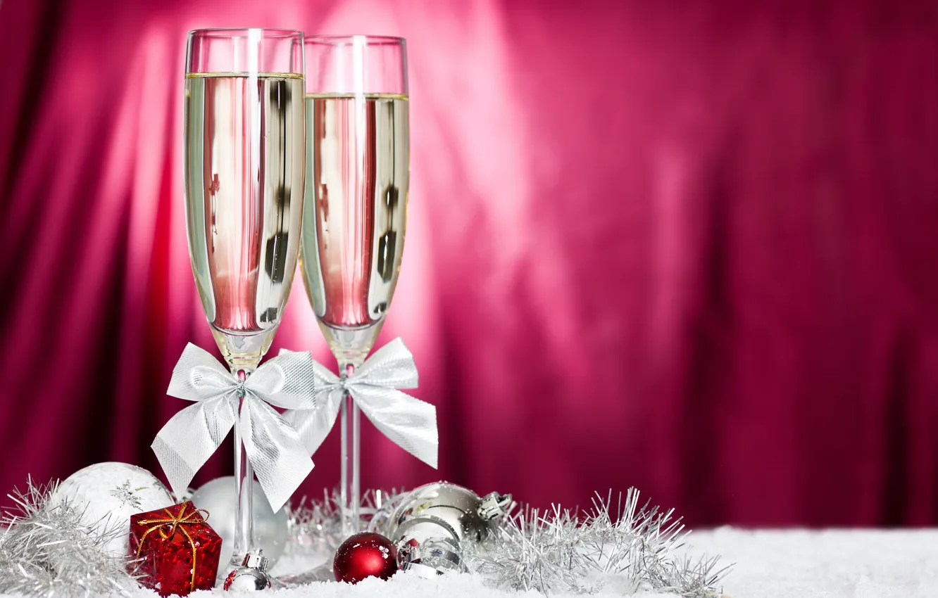 Photo wallpaper balls, New Year, glasses, bows, champagne