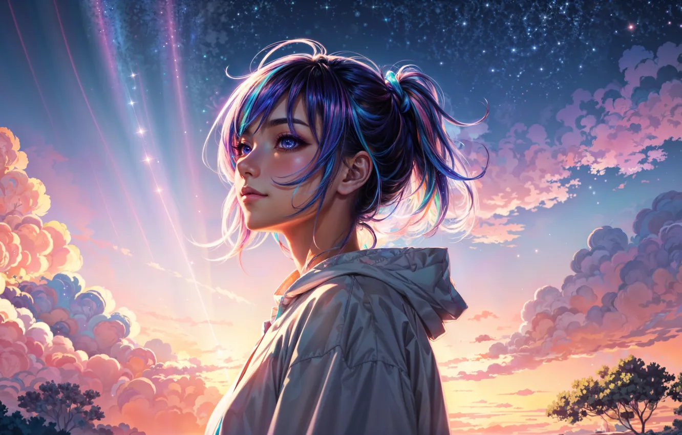 Photo wallpaper the sky, clouds, light, portrait, the rays of the sun, blue hair, beautiful girl, nature