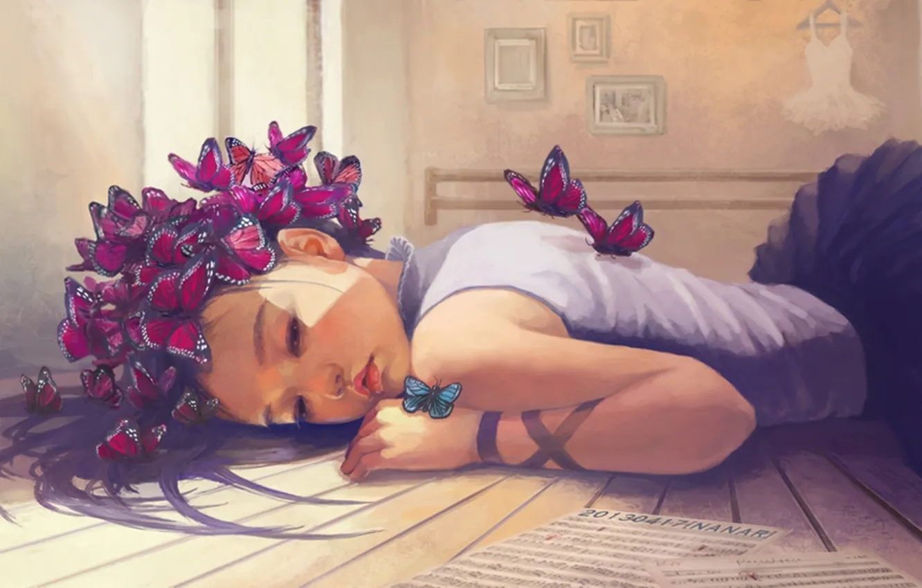 Photo wallpaper girl, butterfly, notes, dress, art, leaves, pictures, lies