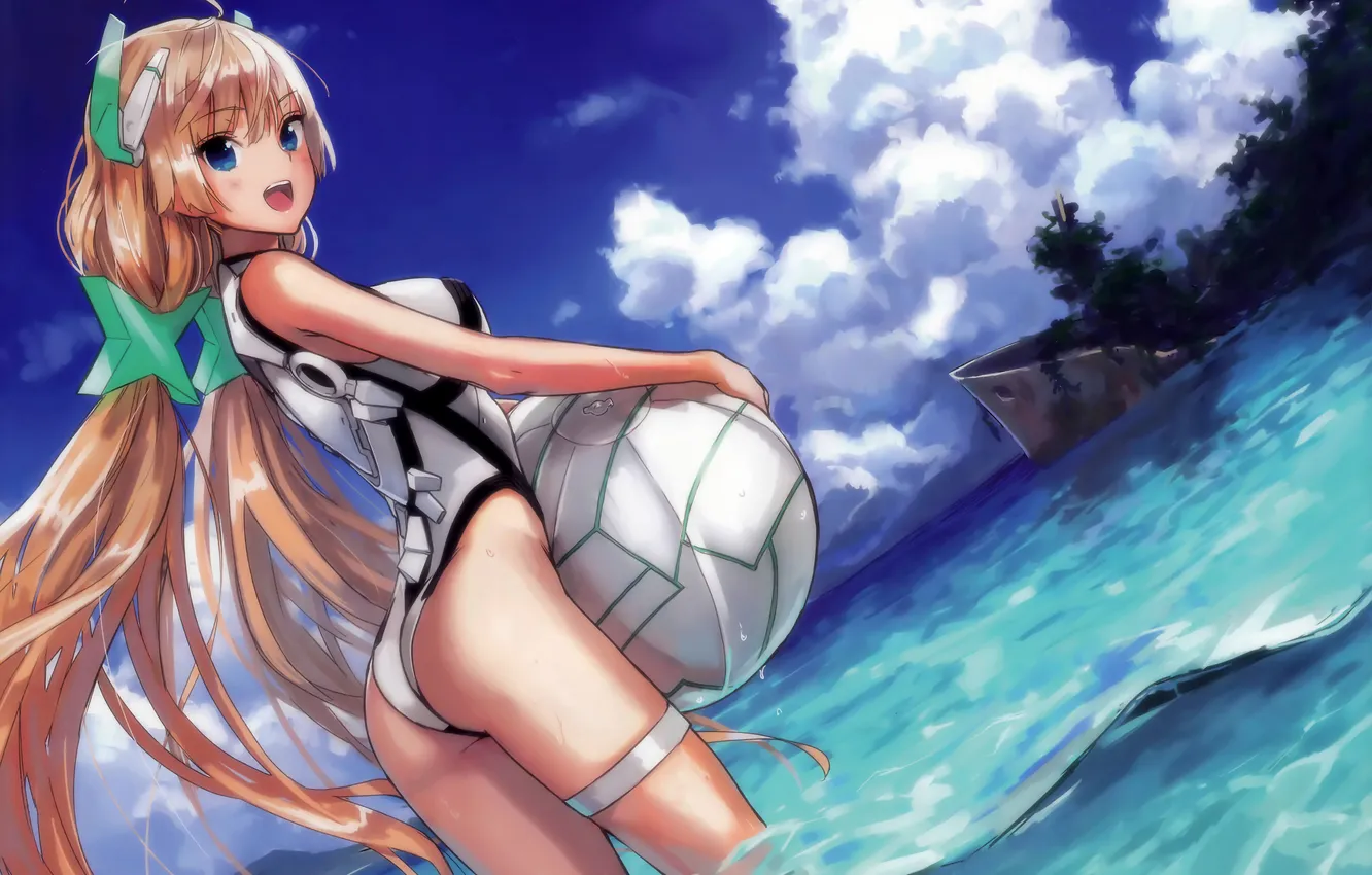 Photo wallpaper sea, clouds, the ball, Asian, cutie, asian, Anime girl, cutie