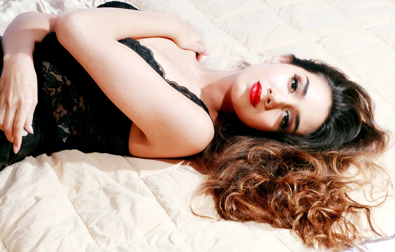 Photo wallpaper girl, hair, brunette, lies, curls