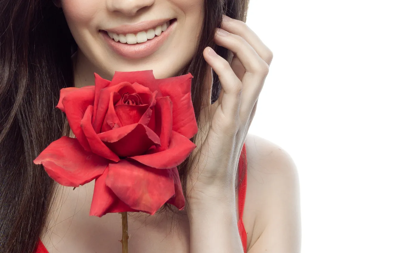 Photo wallpaper flower, girl, smile, background, model, rose, hand