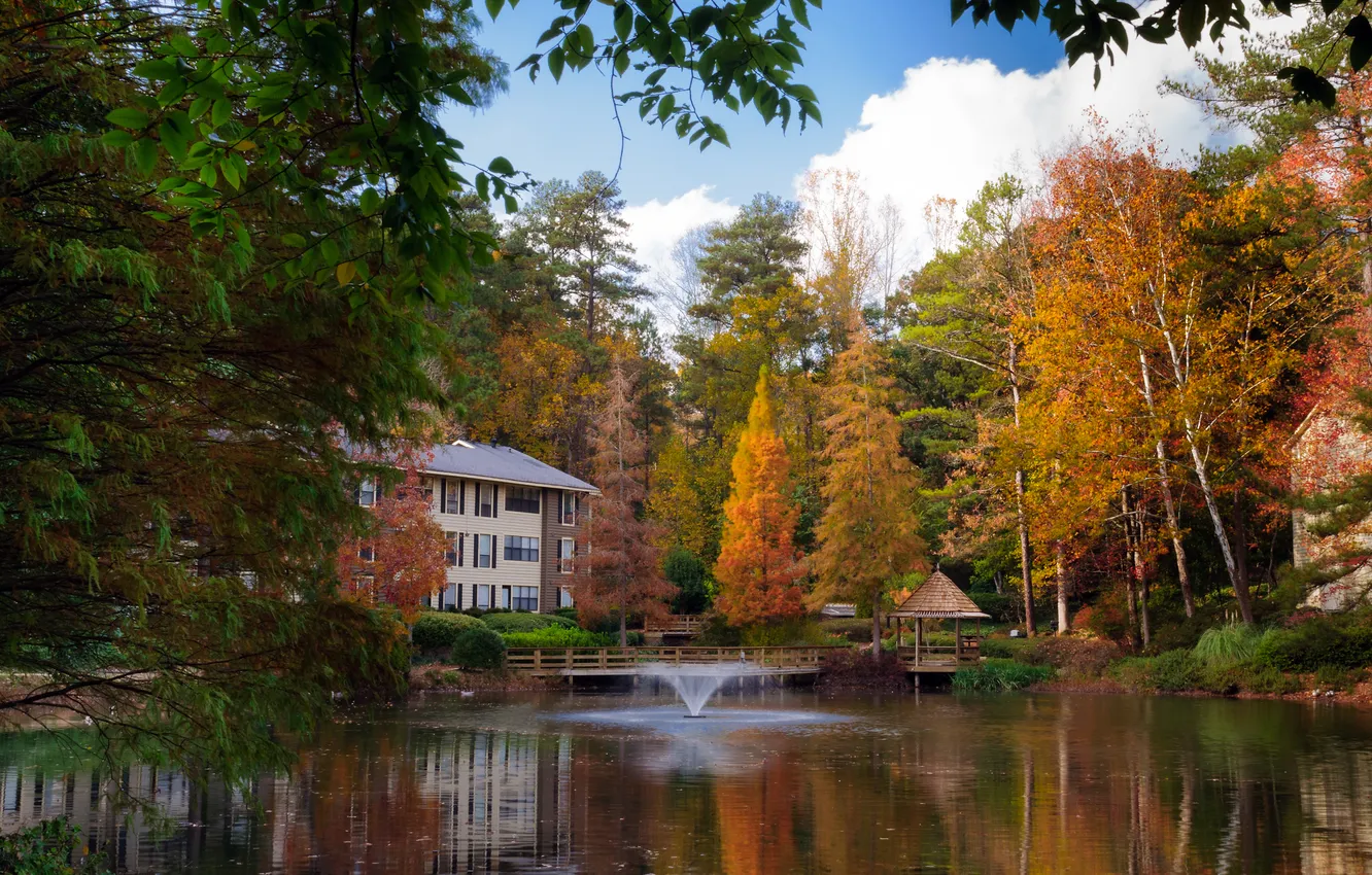 Photo wallpaper autumn, forest, lake, house, fountain, USA, USA, house