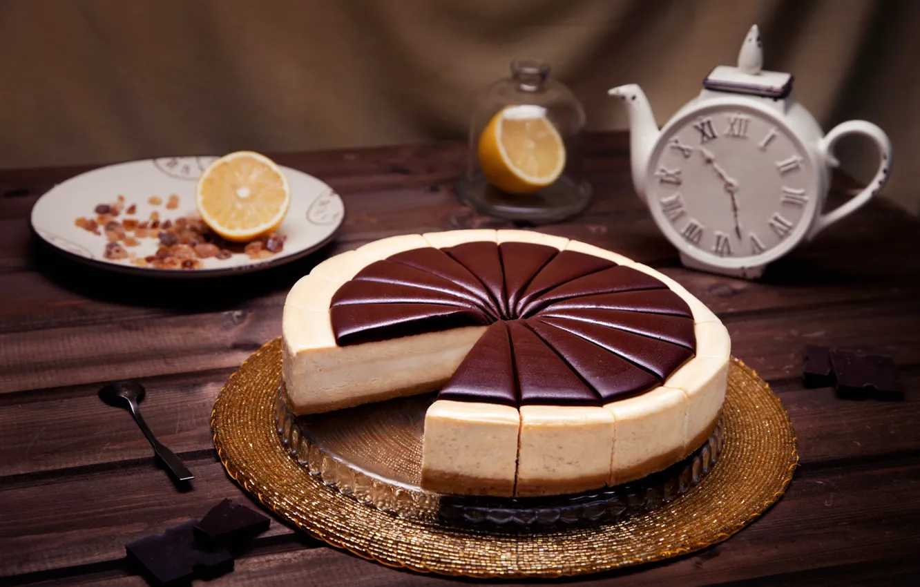 Photo wallpaper lemon, watch, chocolate, cheese, cheesecake