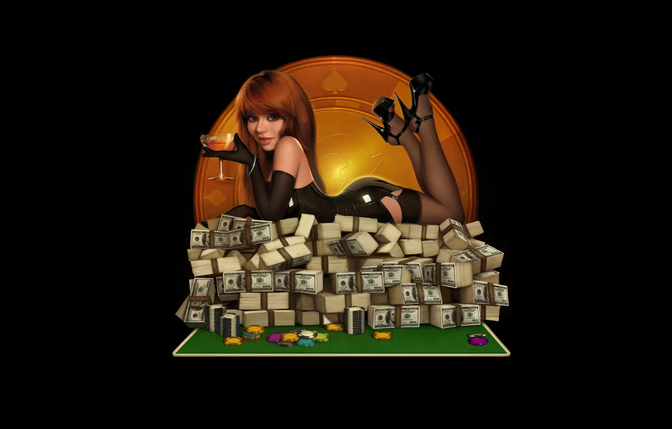 Photo wallpaper girl, glass, money, stockings, chips, latex, dollars, casino