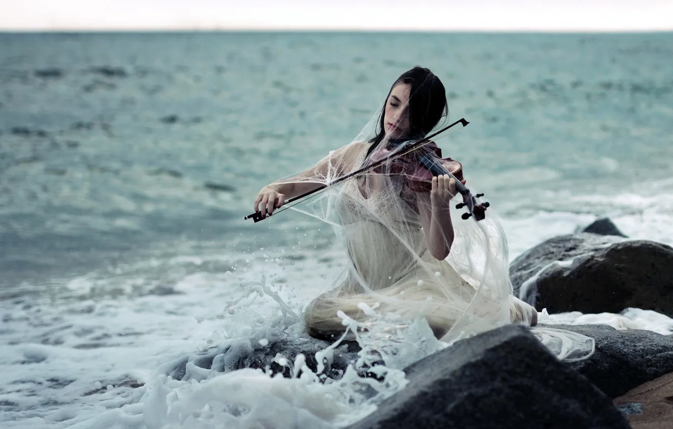 Photo wallpaper sea, girl, violin