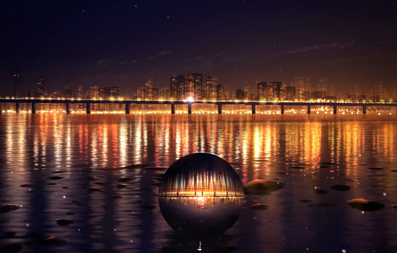 Photo wallpaper water, bridge, the city, ball, the evening