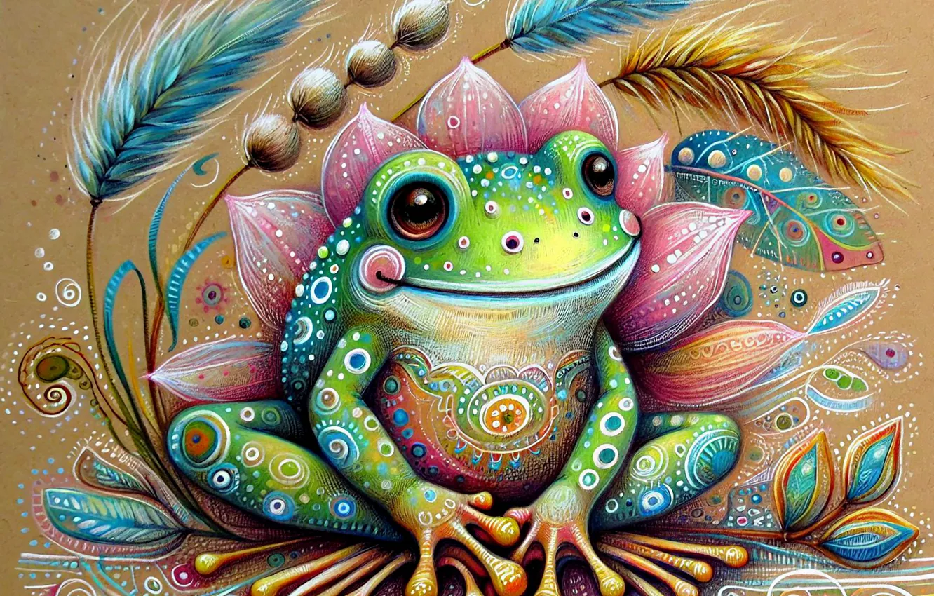 Photo wallpaper frog, styling, spikelets, AI art, neural network