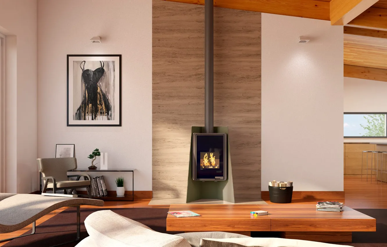 Photo wallpaper design, interior, fireplace, living room