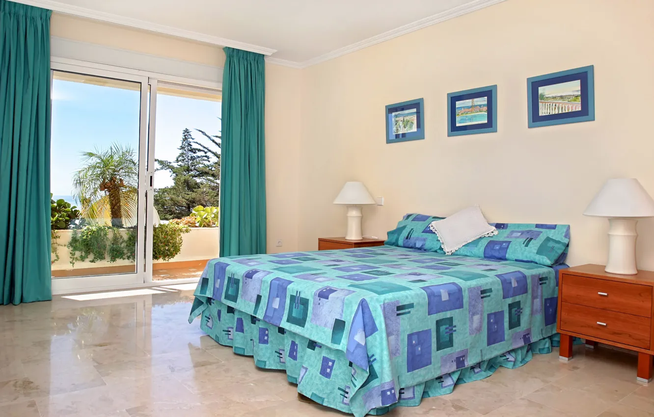 Photo wallpaper design, lamp, interior, picture, pillow, window, curtains, balcony