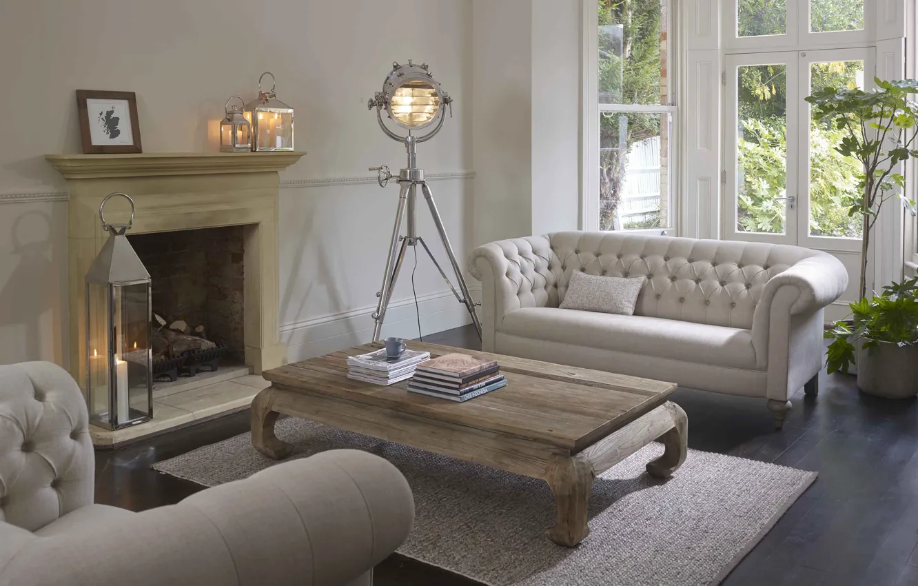Photo wallpaper interior, chair, fireplace, sofa, living room