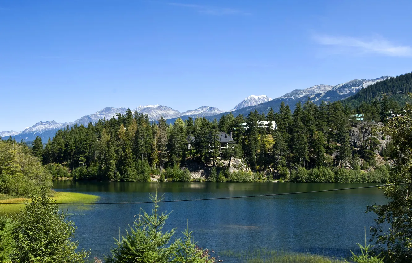 Photo wallpaper forest, trees, mountains, lake, rocks, Canada, houses, Lake Whistler