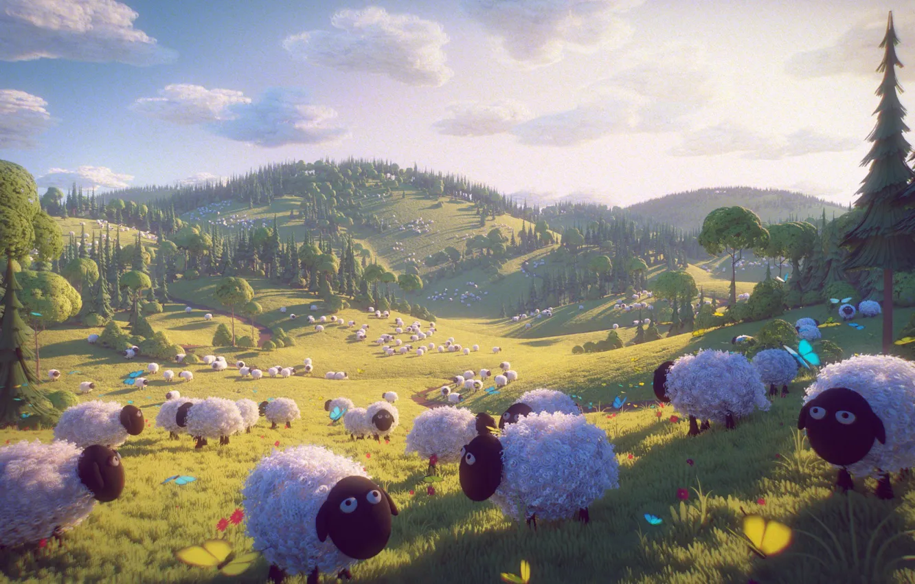 Photo wallpaper nature, hills, sheep, 3d graphics
