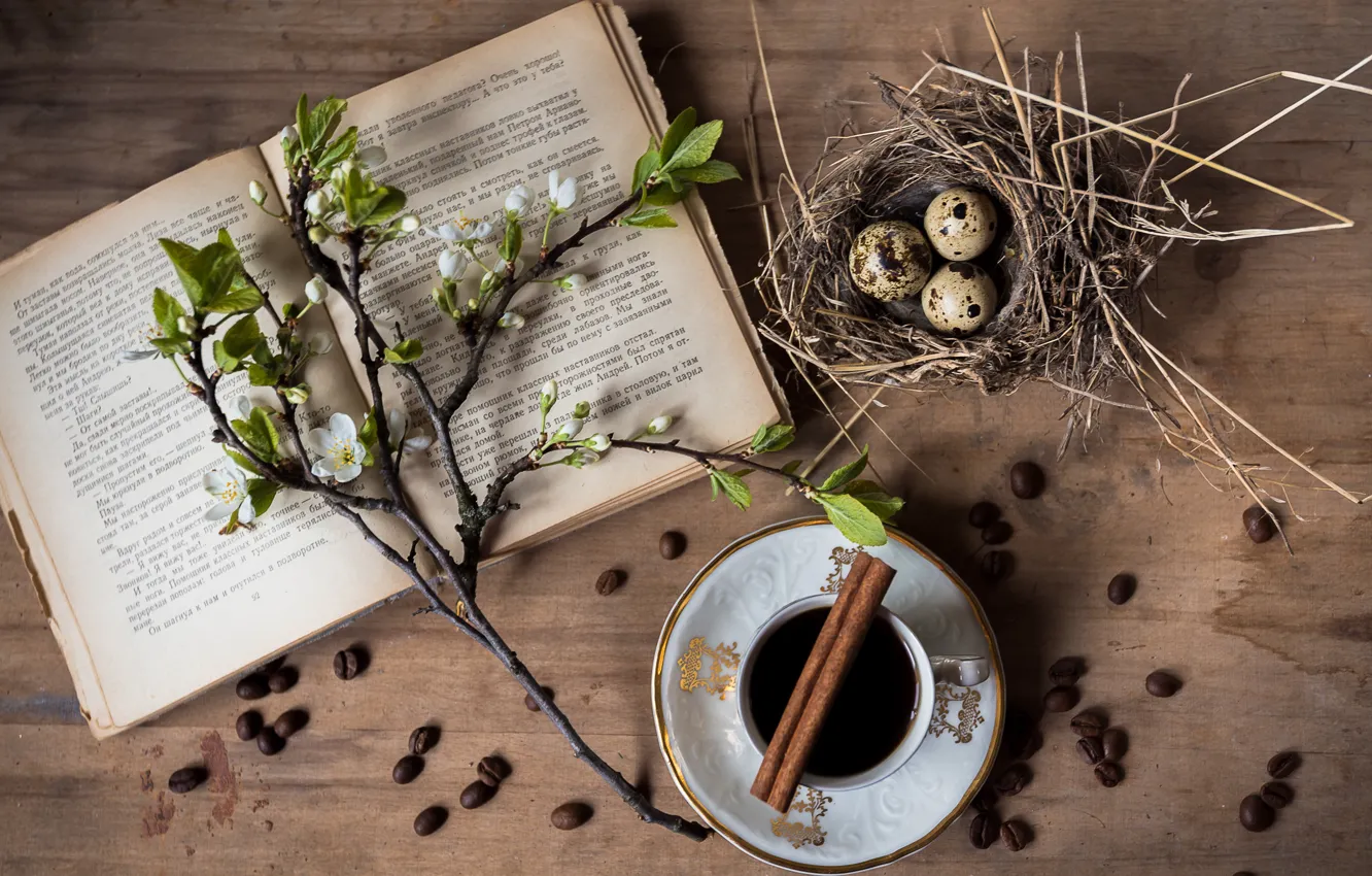 Photo wallpaper coffee, eggs, grain, branch, socket, Cup, book, cinnamon