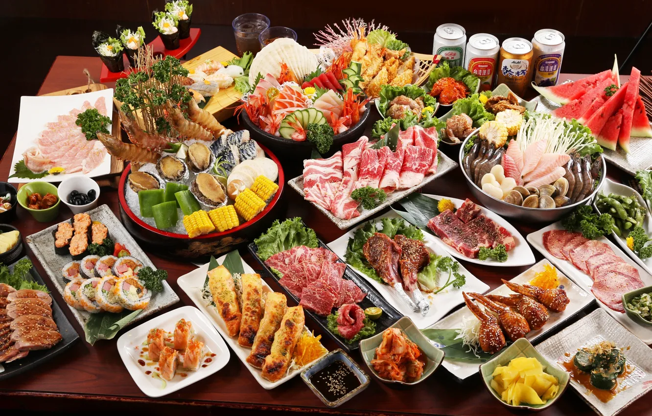 Photo wallpaper crab, corn, watermelon, meat, different, bacon, rolls