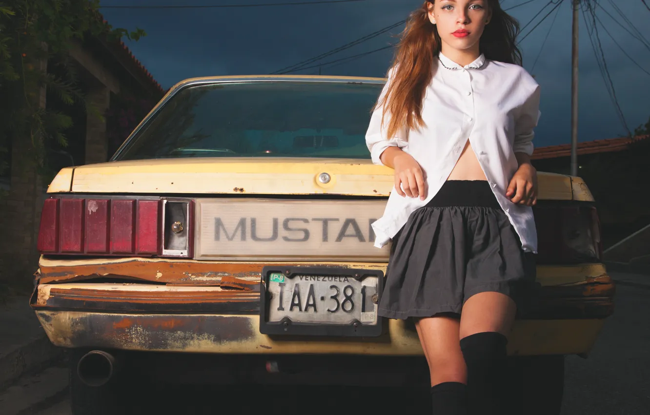 Photo wallpaper machine, look, girl, pose, skirt, glasses, blouse, junk