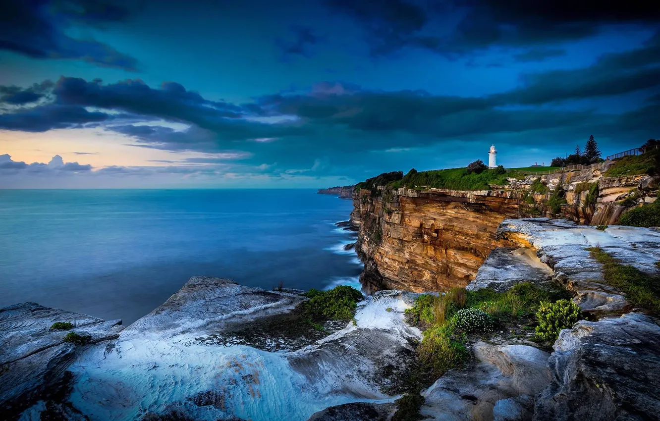Photo wallpaper clouds, open, the ocean, rocks, lighthouse, Australia, Sydney