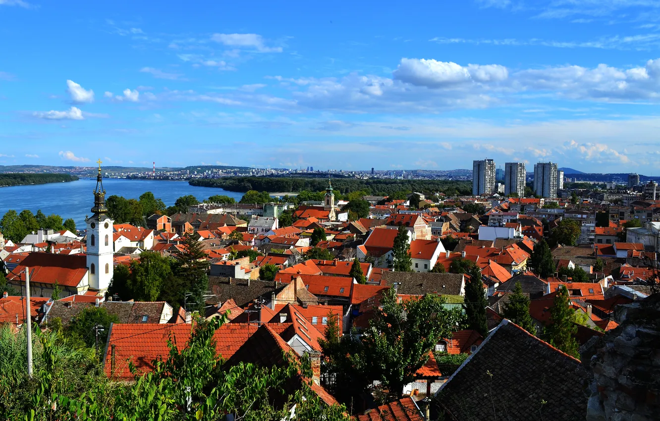 Photo wallpaper the sky, clouds, the city, river, building, home, architecture, Serbia