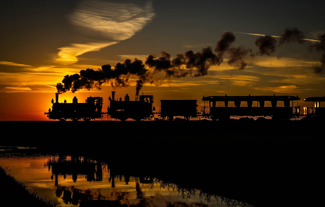 Photo wallpaper water, sunset, reflection, smoke, train, the engine, cars, silhouette