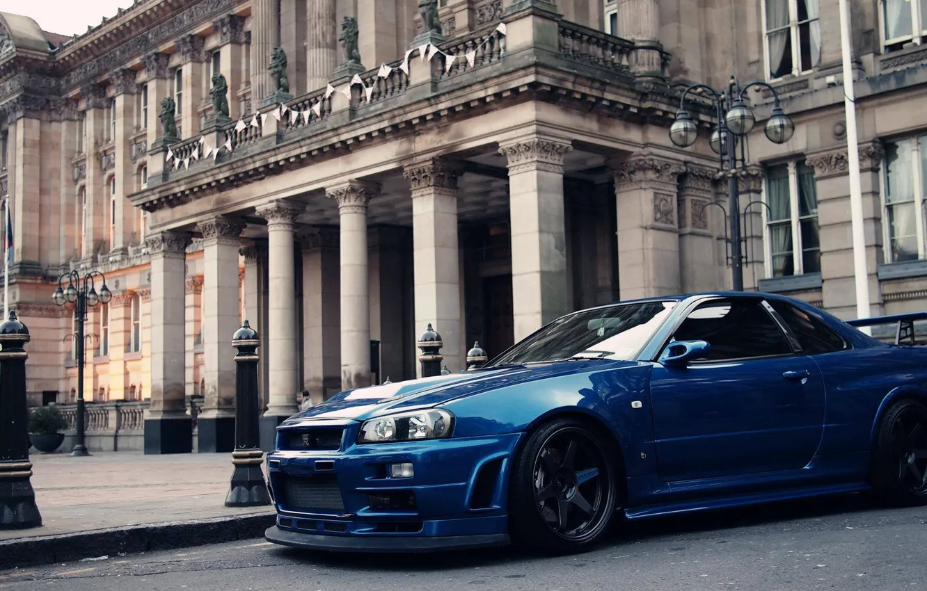 Photo wallpaper blue, castle, tuning, nissan, skyline, Palace, gtr, building