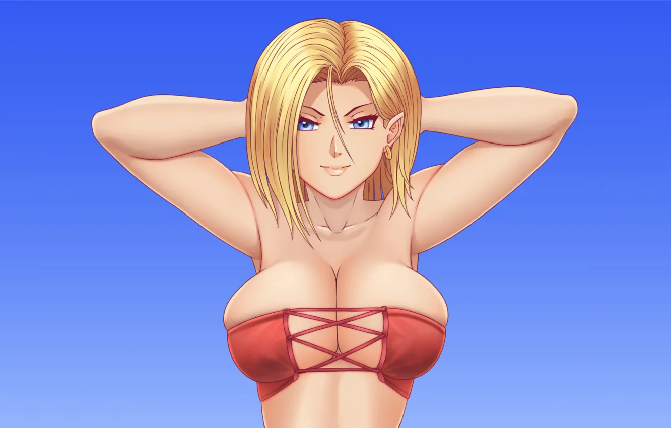 Photo wallpaper girl, sexy, cleavage, boobs, anime, blue eyes, beautiful, short hair