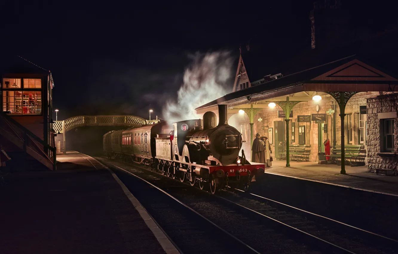 Photo wallpaper night, retro, England, the engine, station