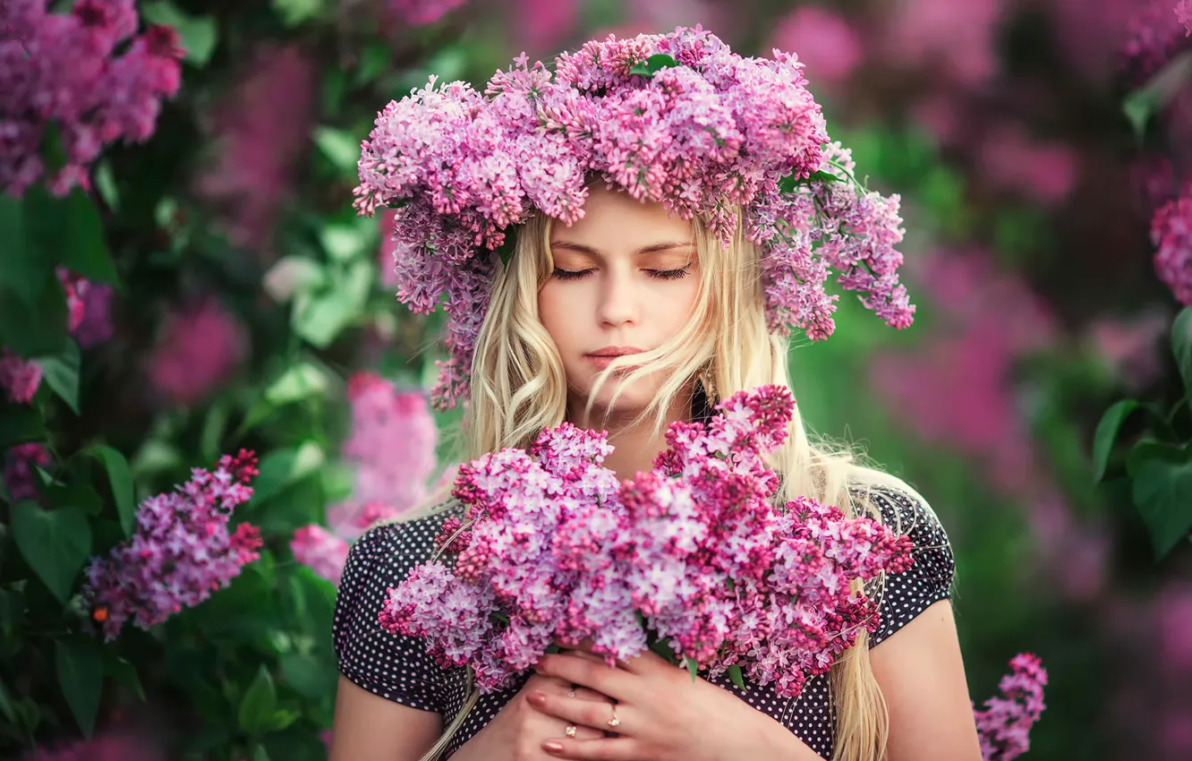 Photo wallpaper girl, flowers, portrait, wreath, lilac, Lilac dreams