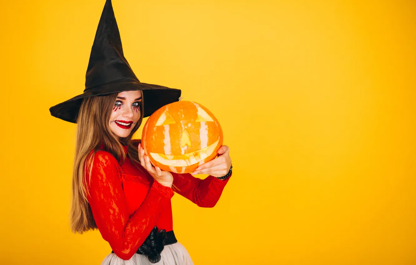 Photo wallpaper autumn, girl, the dark background, holiday, makeup, pumpkin, Halloween, witch