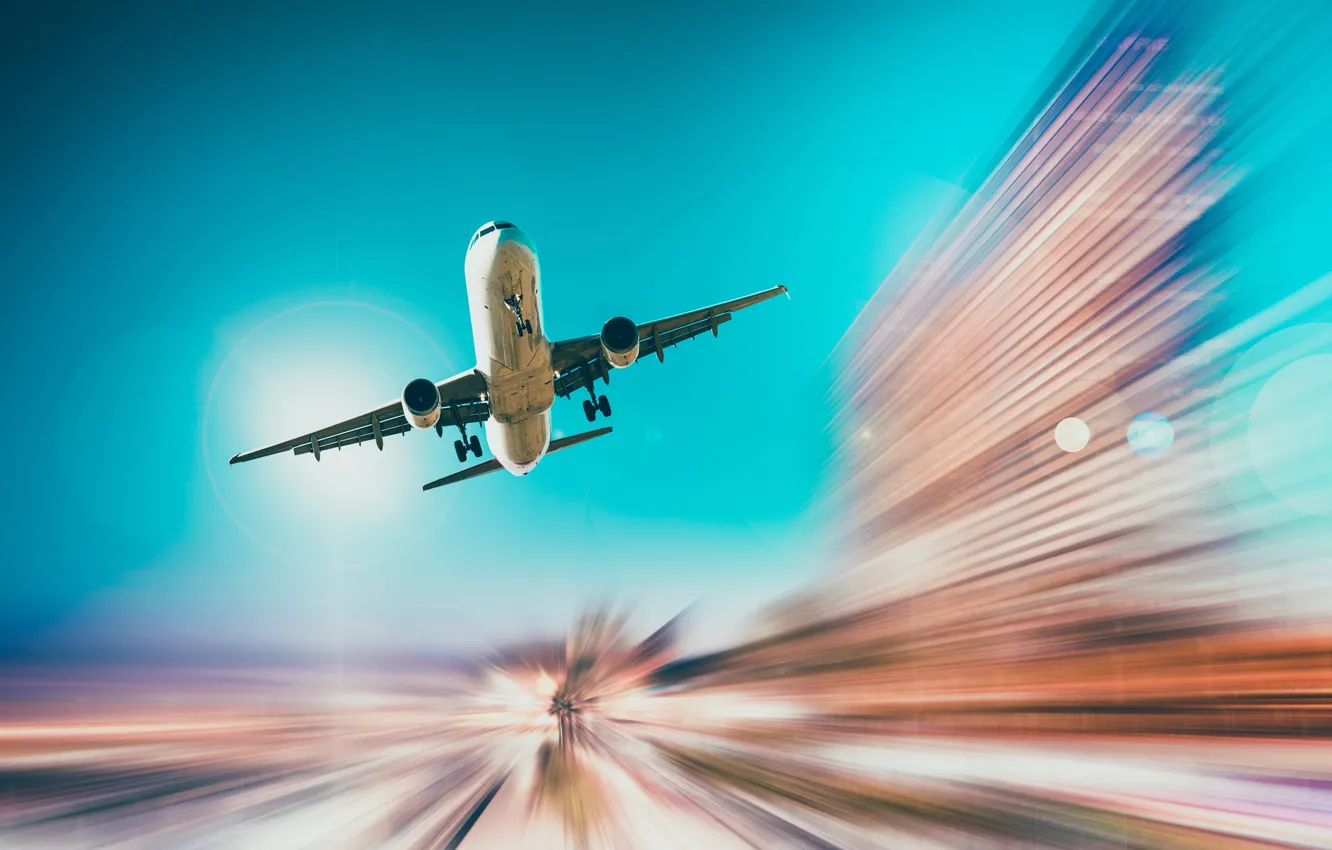 Photo wallpaper the sky, speed, the plane, the rise, runway, passenger