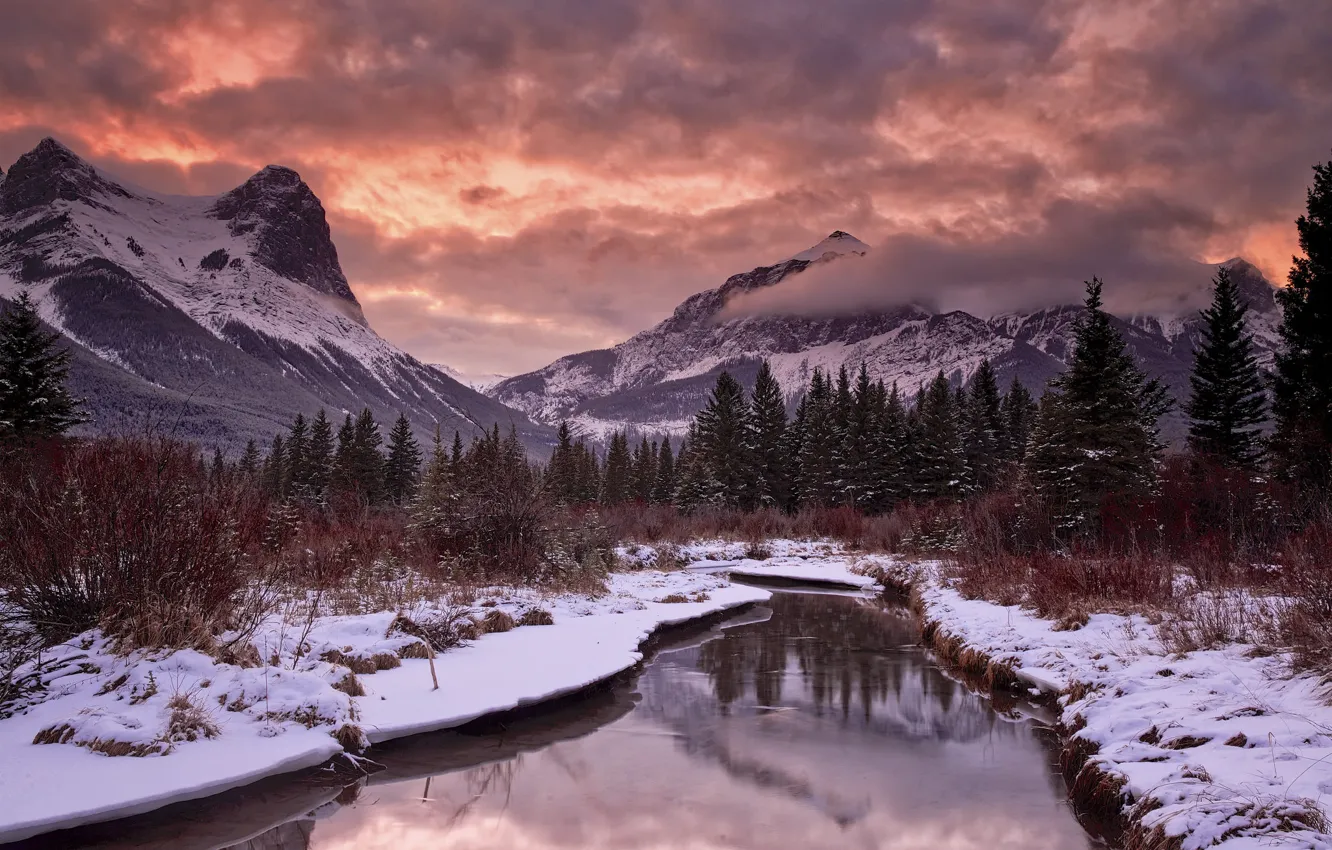 Photo wallpaper snow, sunset, mountains, river