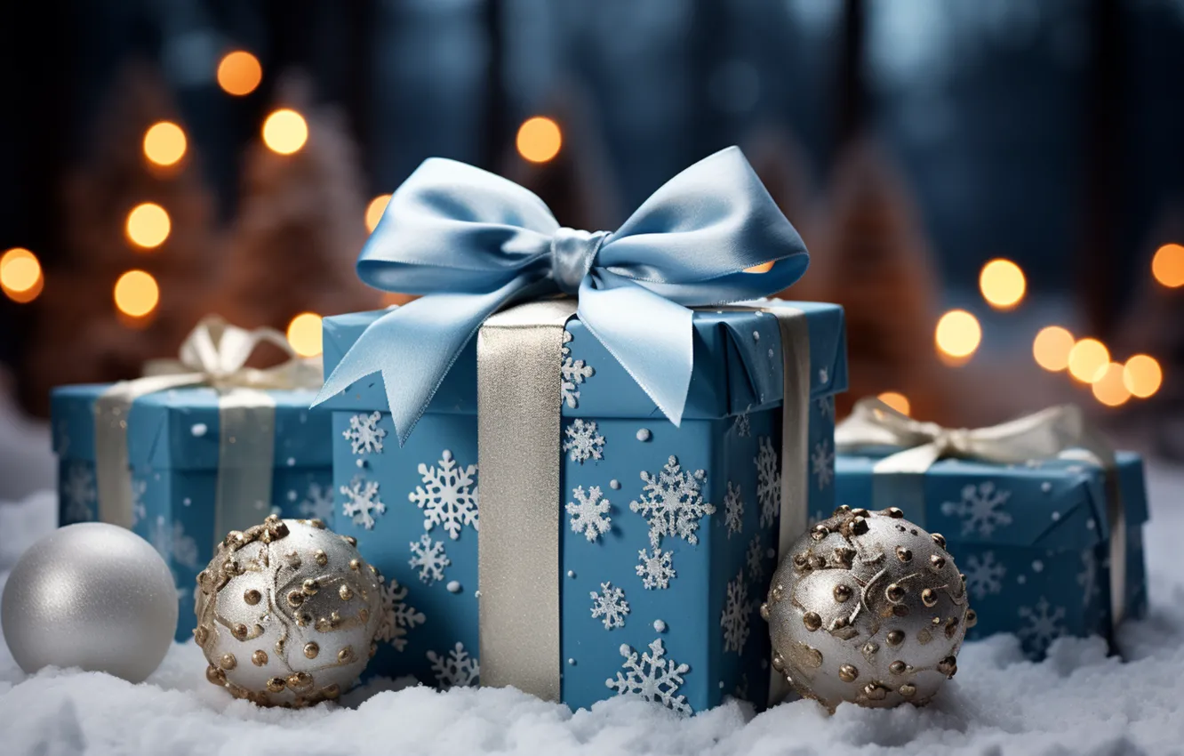 Photo wallpaper winter, snow, decoration, snowflakes, gift, balls, new year, Christmas