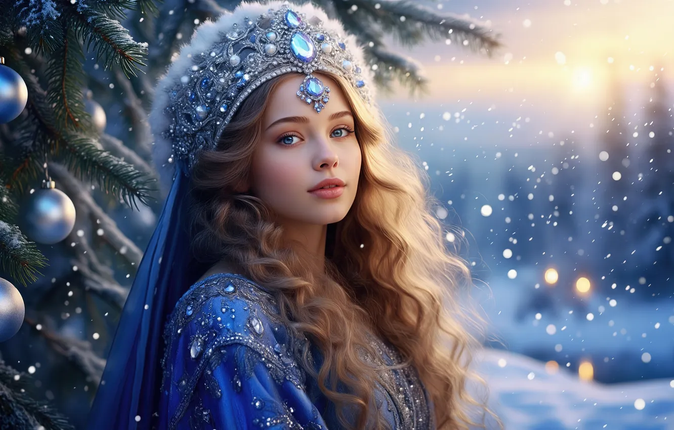 Photo wallpaper winter, snow, decoration, balls, snowfall, beautiful girl, bokeh, digital art