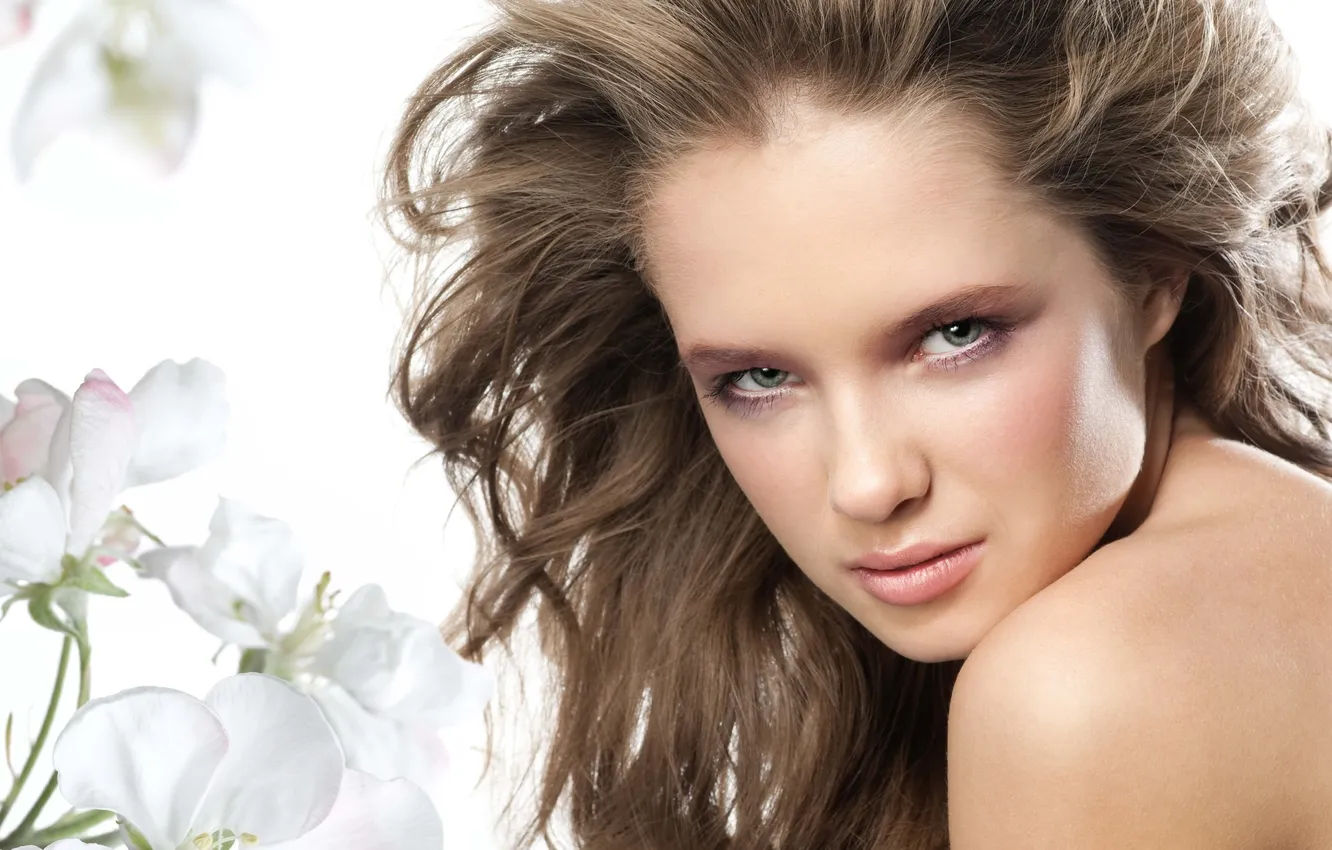 Photo wallpaper flowers, beautiful, lips, hair, girls eyes