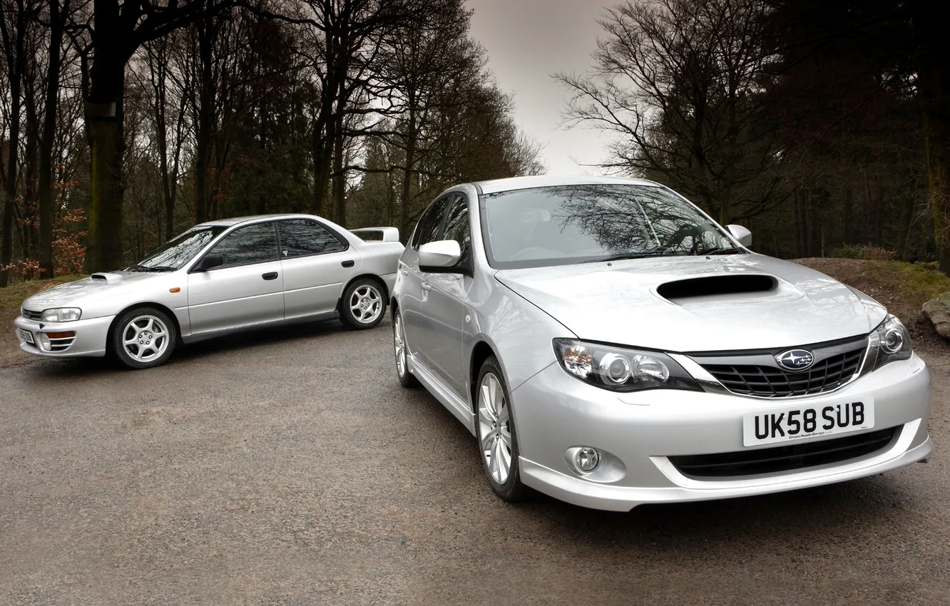 Photo wallpaper trees, Subaru, Impreza, silver, WRX, sports car, Subaru, Impreza