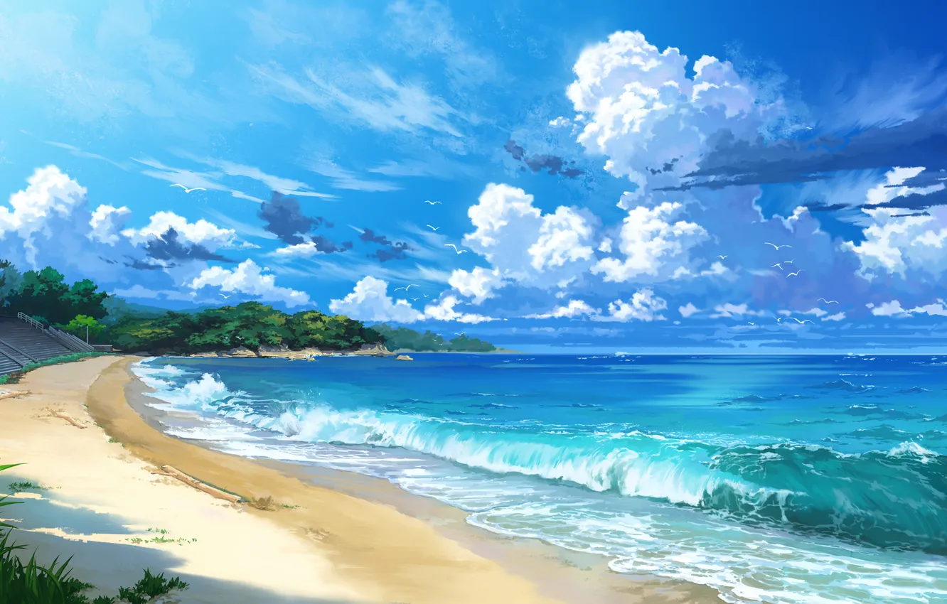 Photo wallpaper waves, grass, beach, sky, sea, clouds, sand, shore