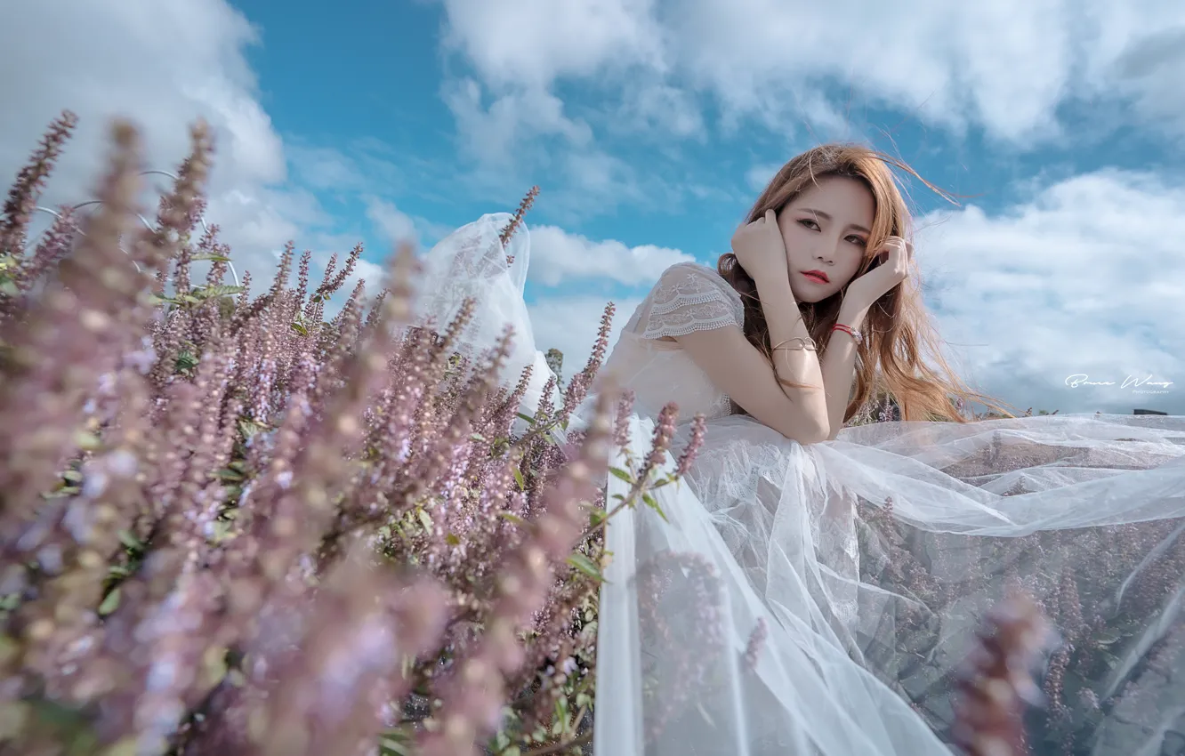 Photo wallpaper the sky, the sun, clouds, flowers, pose, model, portrait, hands