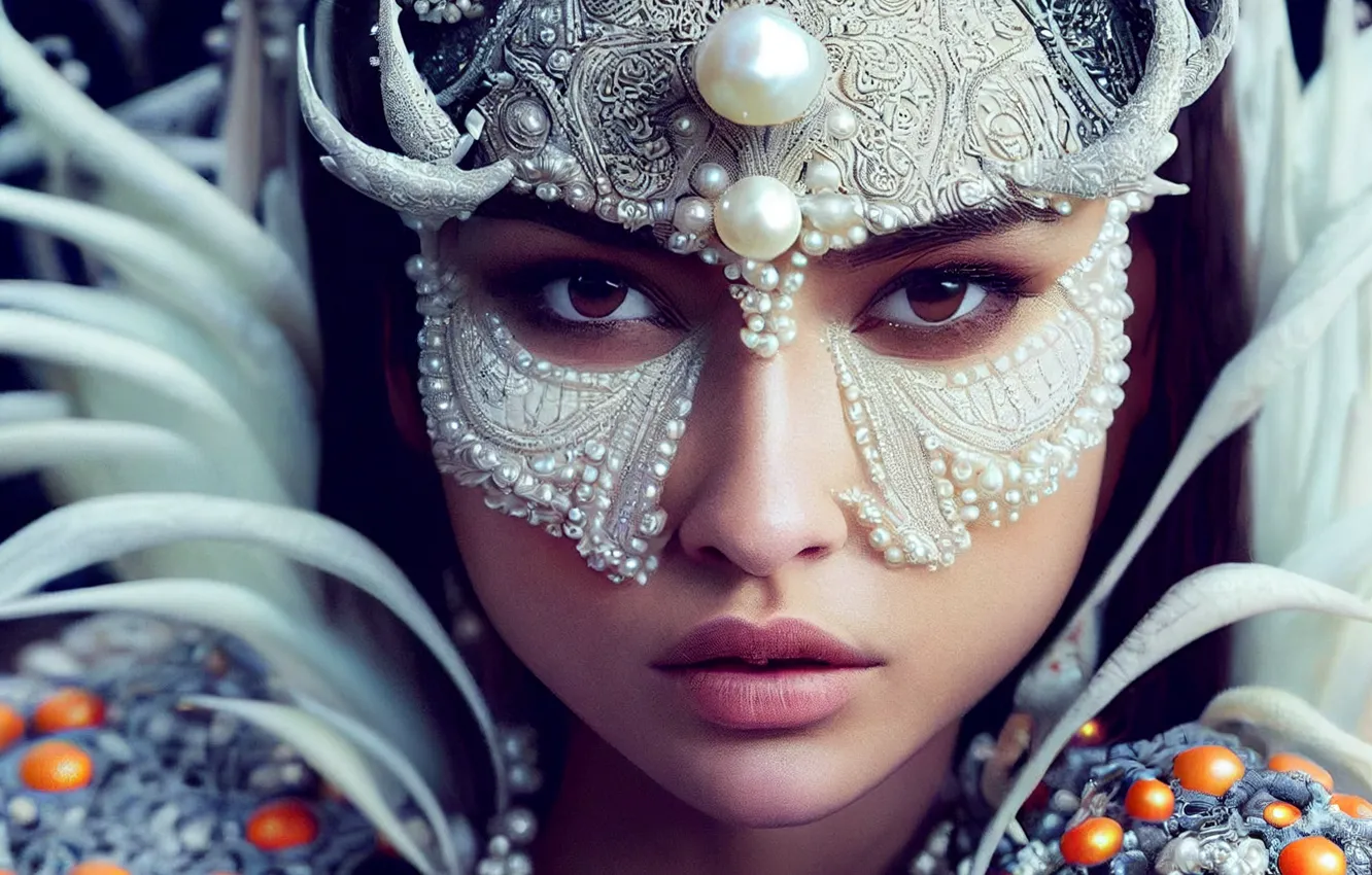 Photo wallpaper look, girl, decoration, face, pearl, horns, horn