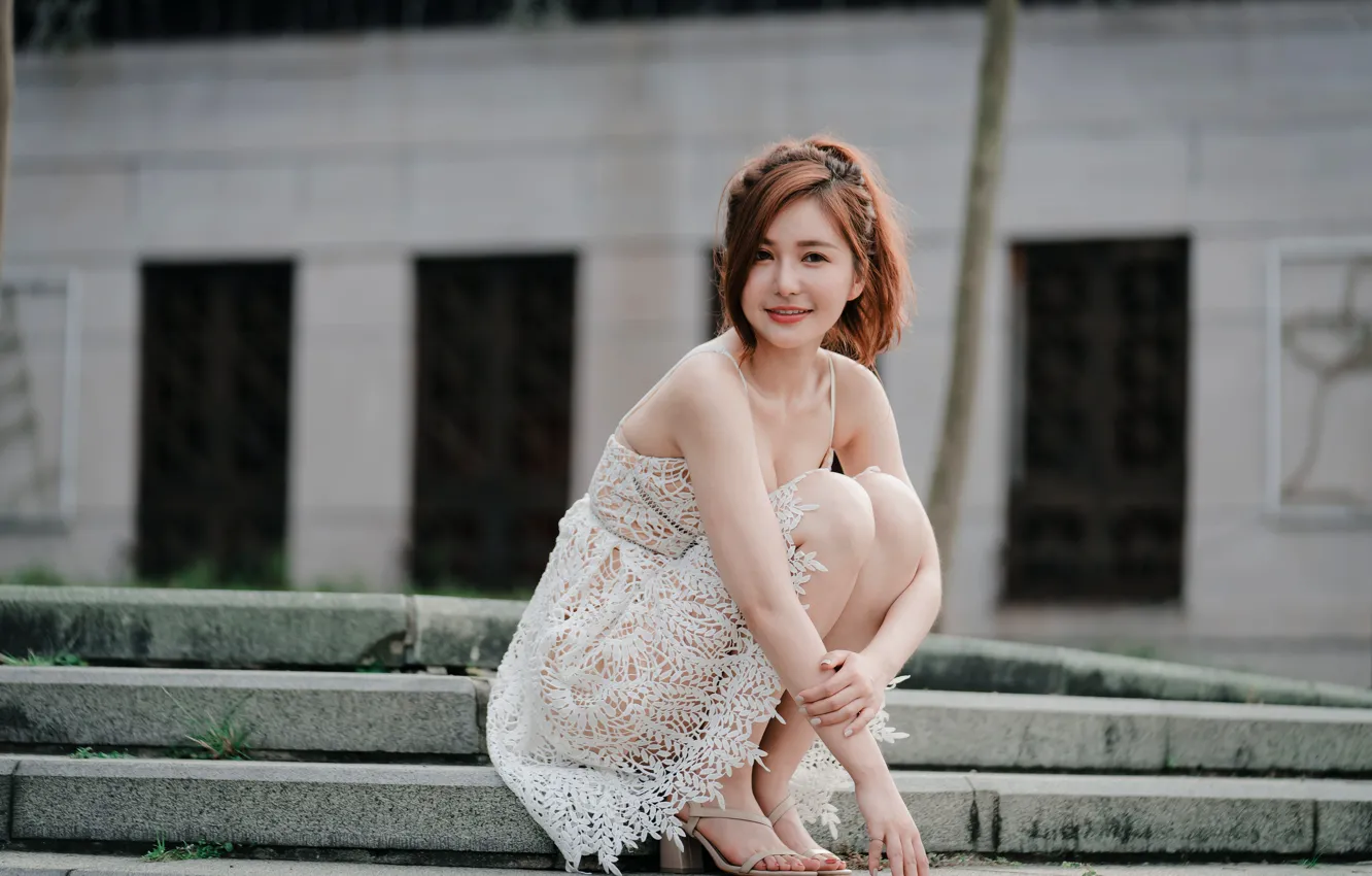 Photo wallpaper girl, pose, dress, Asian, sitting, cutie, knees