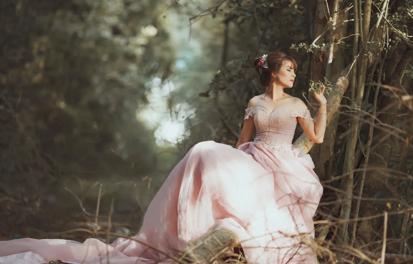 Photo wallpaper girl, nature, style, mood, dress, bokeh