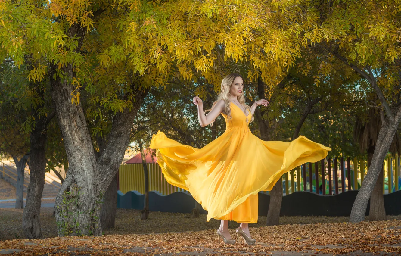 Photo wallpaper girl, dress, in yellow