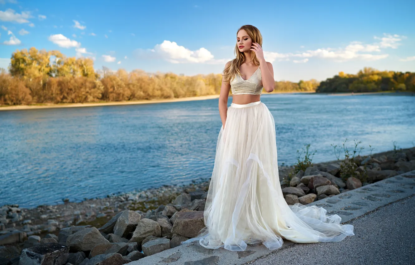 Photo wallpaper water, girl, pose, model, hair, skirt, blonde, Peter Paszternak