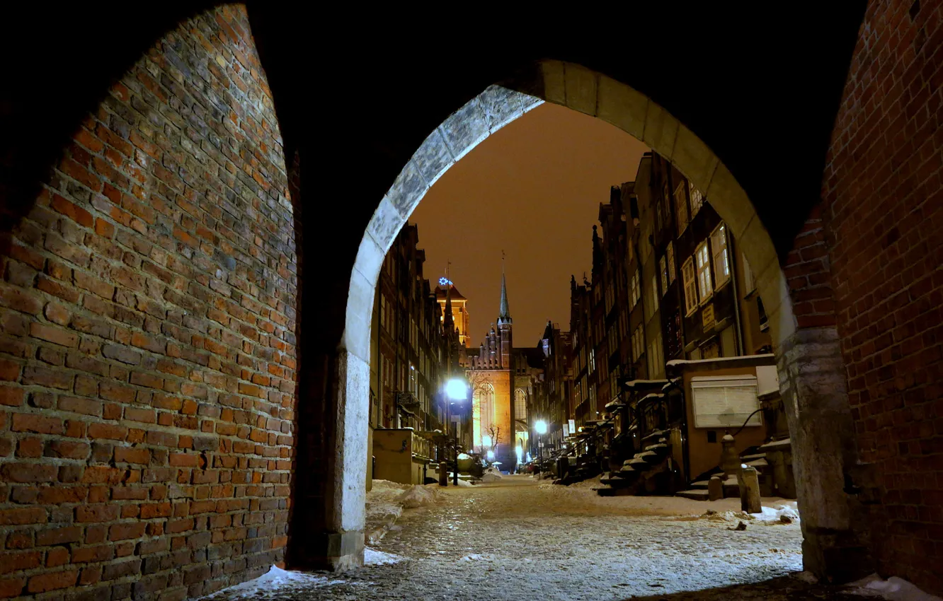 Photo wallpaper winter, night, lights, street, home, Poland, arch, Gdansk