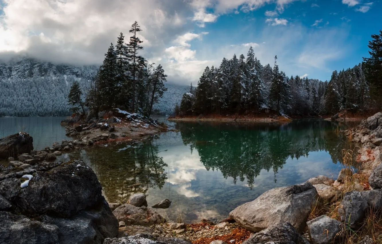Photo wallpaper clouds, trees, landscape, mountains, nature, lake, stones, Germany