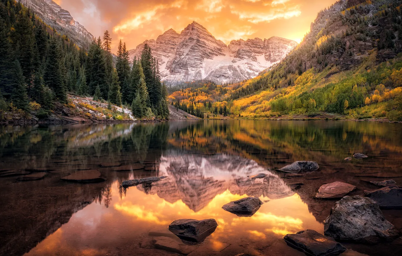 Photo wallpaper autumn, forest, clouds, sunset, mountains, reflection, stones, tops