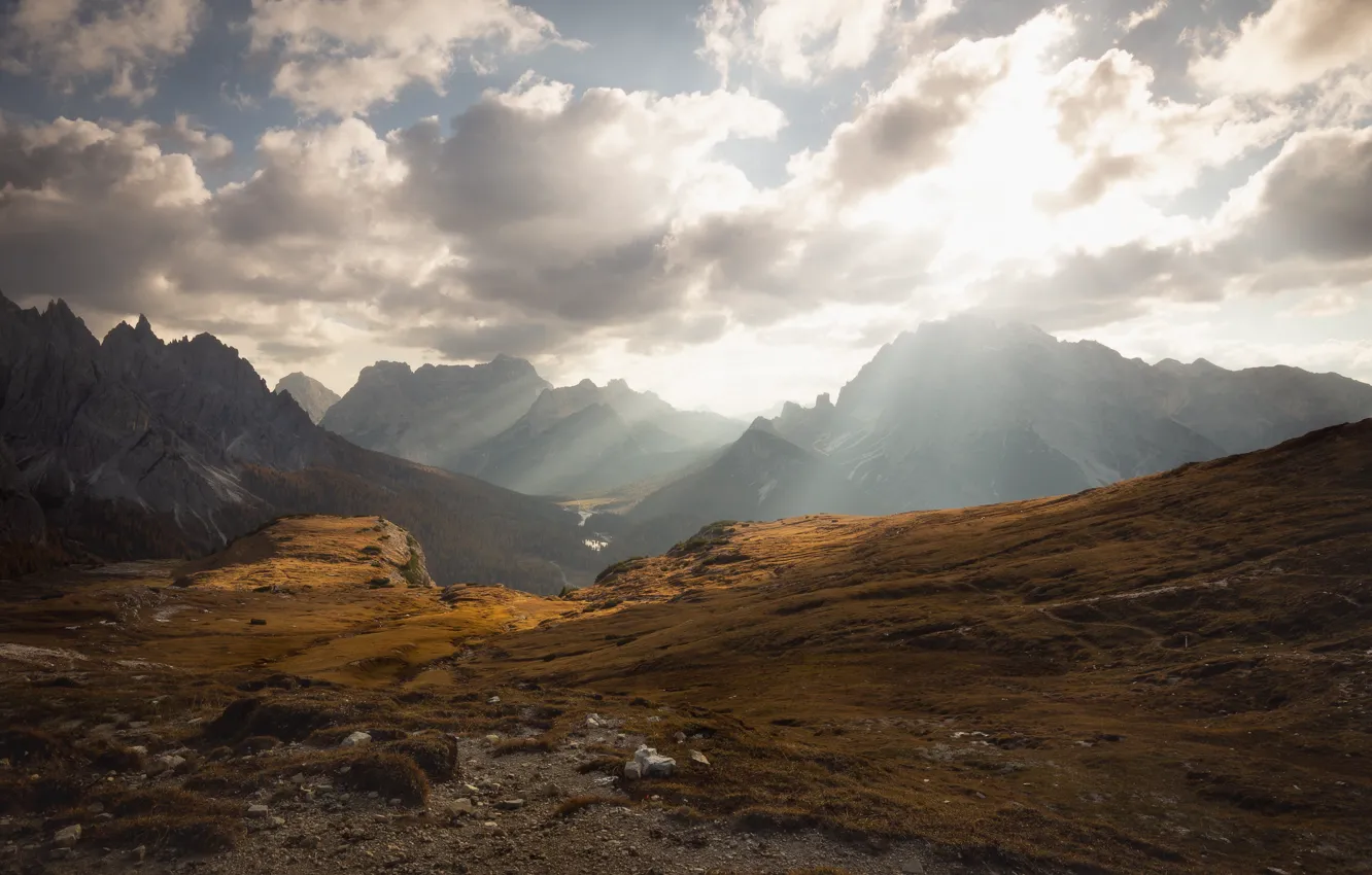 Photo wallpaper autumn, the sky, clouds, rays, light, mountains, stones, tops
