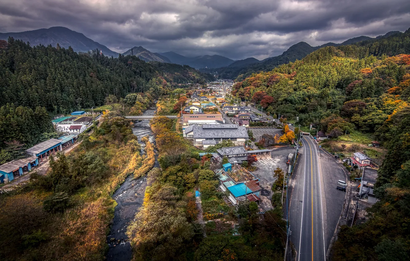 Photo wallpaper road, forest, the sky, clouds, trees, mountains, clouds, bridge