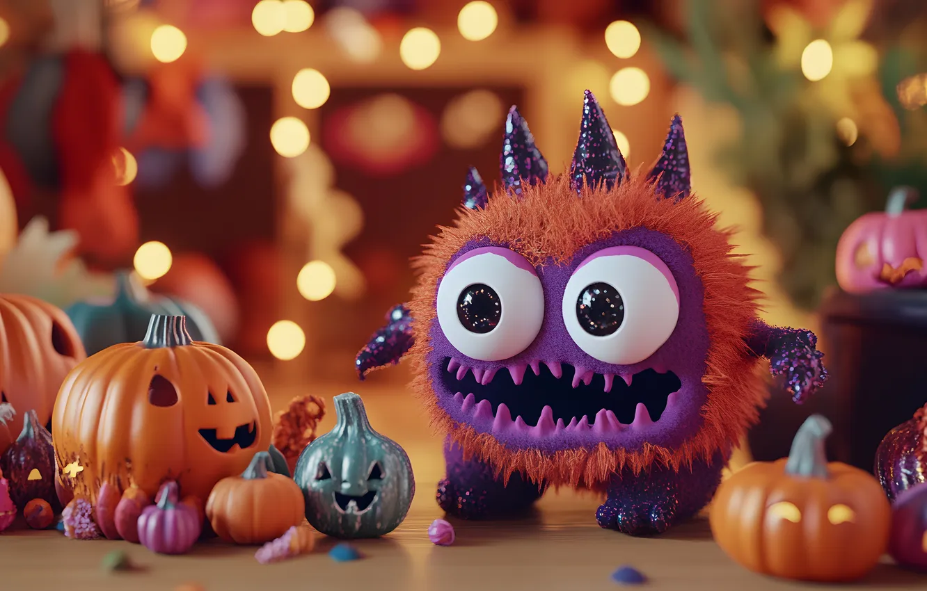 Photo wallpaper autumn, purple, eyes, lights, holiday, toy, mouth, pumpkin