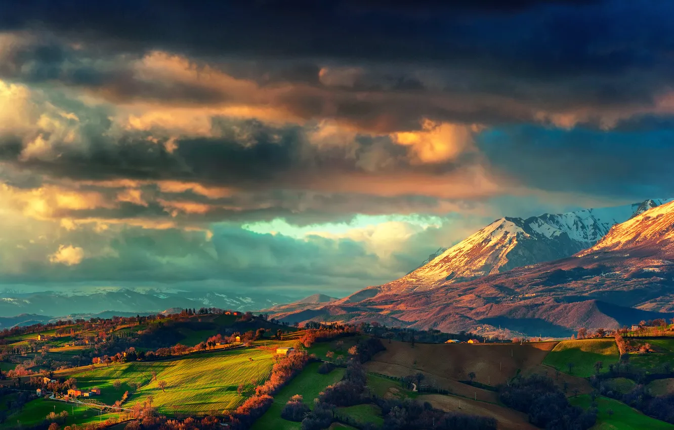 Photo wallpaper the sky, mountains, field, home, spring, valley, Italy, March